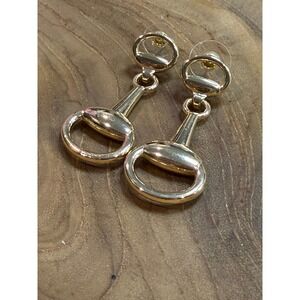 Gold Tone Horsebit Drop Earrings Equestrian Snaffle Bit Statement Dangles  NEW